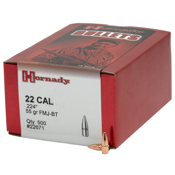 HORNADY 22c(.224) 55gr FMJ-BT BULLET w/Cannelure 500/BX