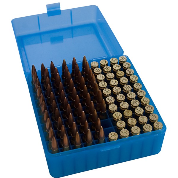 MTM RIFLE FLIP-TOP 100rd 22250-308/CLEAR-BLUE 12/C