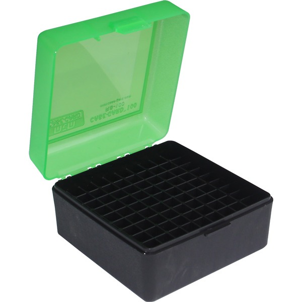 MTM RIFLE FLIP-TOP 100rd 22250-308/CLR-GRN/BLK 12c