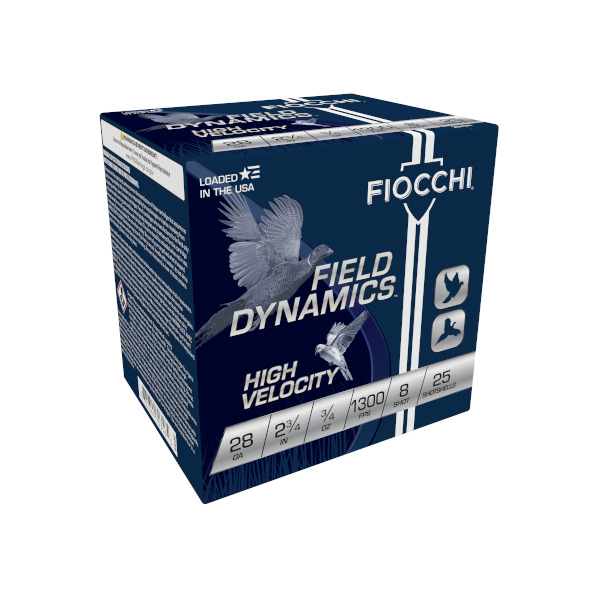 FIOCCHI AMMO 28ga 2.75" HI-VEL 1300fps 3/4oz #8 25b 10c