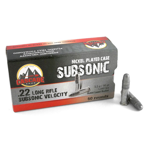 Cascade 22 LR Ammunition Subsonic 50gr LDRN Nickel Plated Cases Box of 50