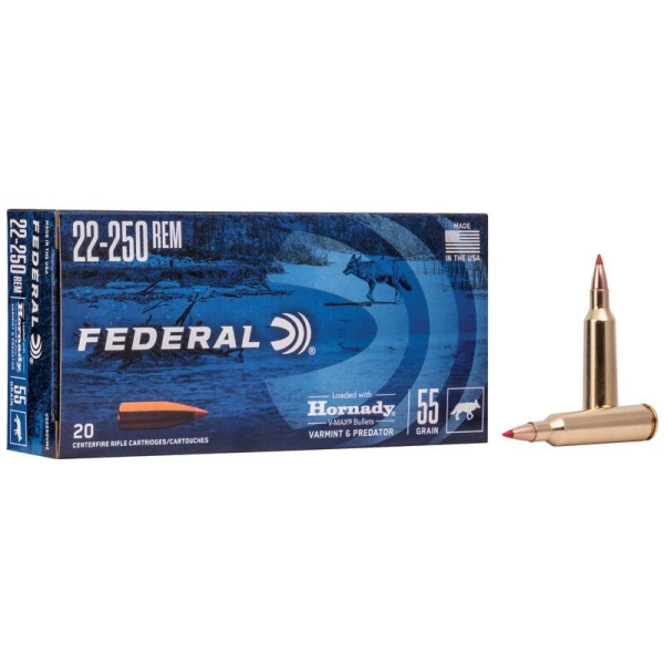 FEDERAL AMMO 22-250 REMINGTON 55gr HORNADY V-MAX 20/bx 10/cs