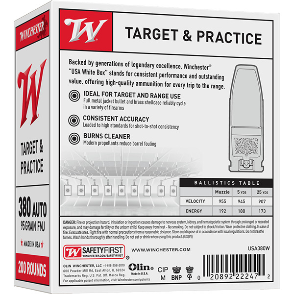 WINCHESTER AMMO 380 AUTO USA TGT 95gr FMJ VP 200/bx 5/cs